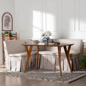 Baxton Studio Baxton Studio Reginald L-shaped Fabric Banquette Nook Set with Pleated Skirted Benches Reginald-Light Beige/Walnut-3PC Dining Nook Set