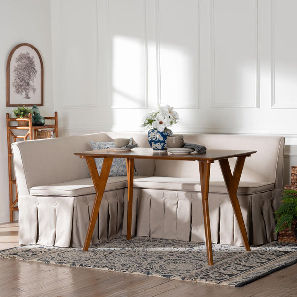 Baxton Studio Baxton Studio Reginald L-shaped Fabric Banquette Nook Set with Pleated Skirted Benches Reginald-Light Beige/Walnut-3PC Dining Nook Set