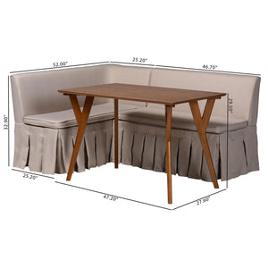 Baxton Studio Baxton Studio Reginald L-shaped Fabric Banquette Nook Set with Pleated Skirted Benches Reginald-Light Beige/Walnut-3PC Dining Nook Set