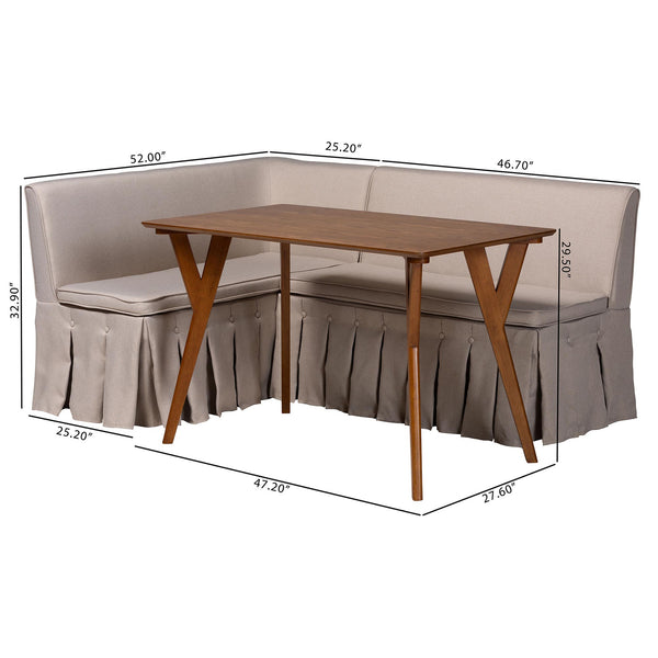 Baxton Studio Baxton Studio Reginald L-shaped Fabric Banquette Nook Set with Pleated Skirted Benches Reginald-Light Beige/Walnut-3PC Dining Nook Set