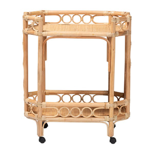 Bali & Pari Rene Handwoven Rattan Two Tier Rolling Kitchen Cart for Coastal Boho Spaces