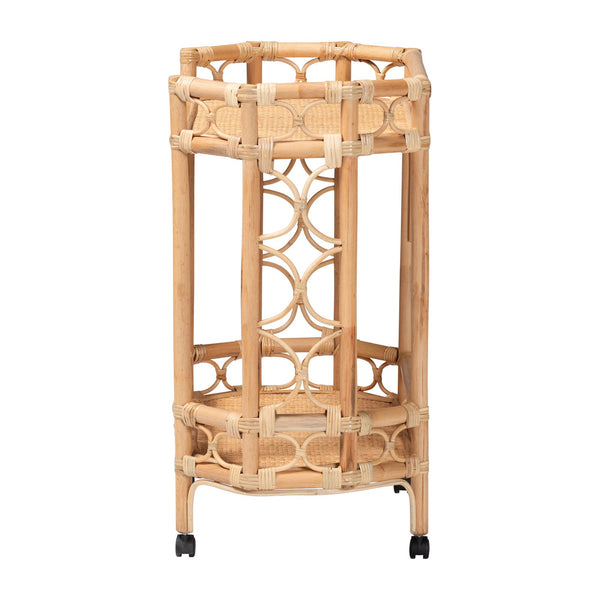 Bali & Pari Rene Handwoven Rattan Two Tier Rolling Kitchen Cart for Coastal Boho Spaces