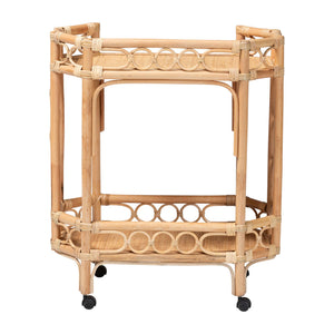 Bali & Pari Rene Handwoven Rattan Two Tier Rolling Kitchen Cart for Coastal Boho Spaces