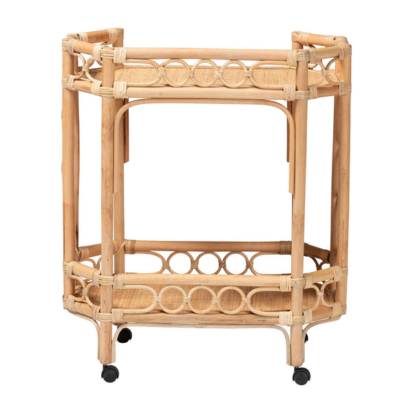 Bali & Pari Rene Handwoven Rattan Two Tier Rolling Kitchen Cart for Coastal Boho Spaces