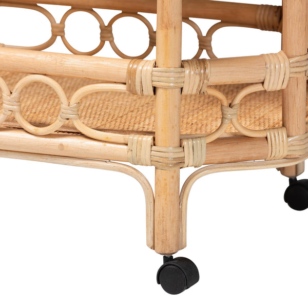 Bali & Pari Rene Handwoven Rattan Two Tier Rolling Kitchen Cart for Coastal Boho Spaces