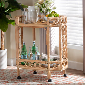 Bali & Pari Rene Handwoven Rattan Two Tier Rolling Kitchen Cart for Coastal Boho Spaces