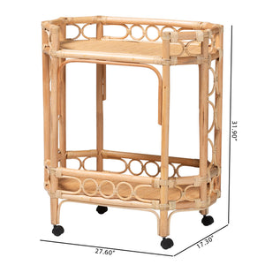 Bali & Pari Rene Handwoven Rattan Two Tier Rolling Kitchen Cart for Coastal Boho Spaces