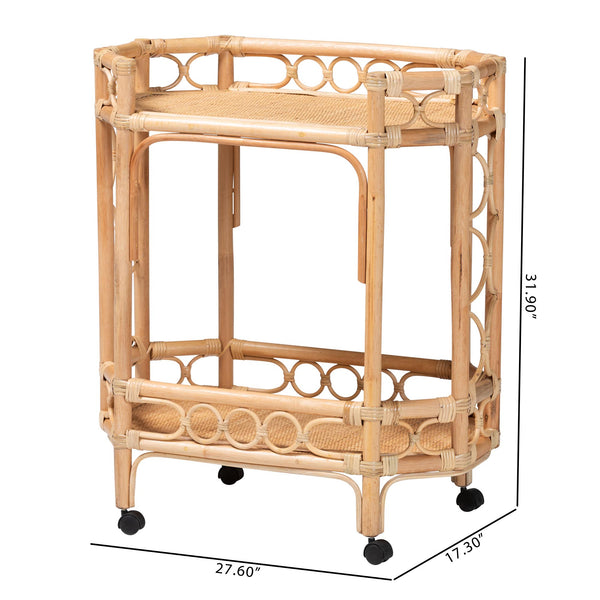 Bali & Pari Rene Handwoven Rattan Two Tier Rolling Kitchen Cart for Coastal Boho Spaces