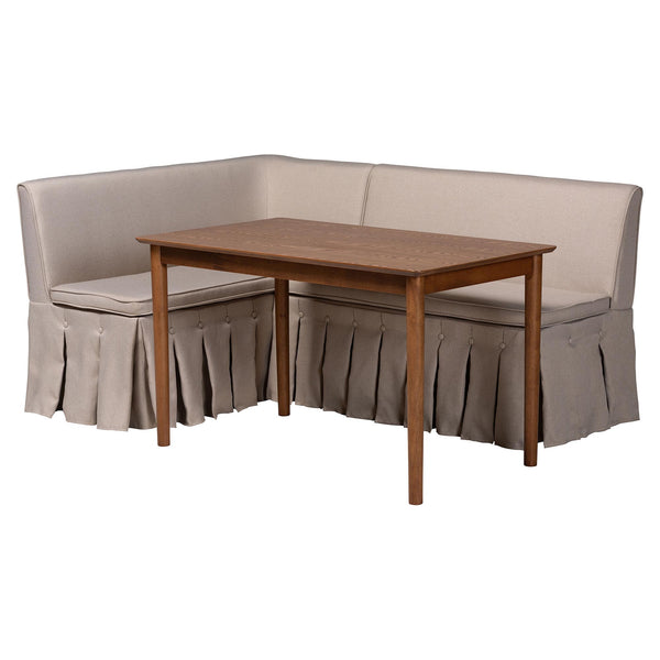 Baxton Studio Baxton Studio Reuben Fabric Upholstered Corner Dining Nook with Pleated Skirted Benches Reuben-Light Beige/Walnut-3PC Dining Nook Set