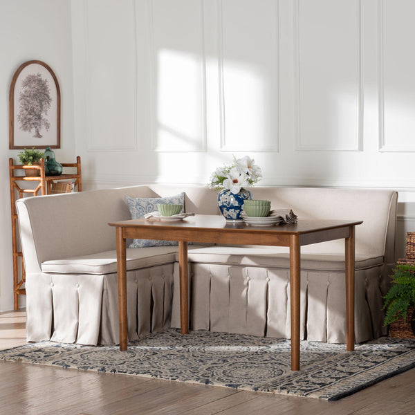 Baxton Studio Baxton Studio Reuben Fabric Upholstered Corner Dining Nook with Pleated Skirted Benches Reuben-Light Beige/Walnut-3PC Dining Nook Set