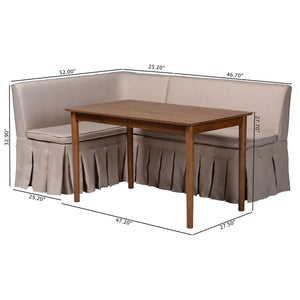 Baxton Studio Baxton Studio Reuben Fabric Upholstered Corner Dining Nook with Pleated Skirted Benches Reuben-Light Beige/Walnut-3PC Dining Nook Set