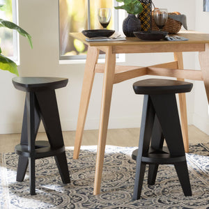 Bali & Pari Roy Solid Mahogany Backless Counter Stool Japandi Sculptural Tripod Design