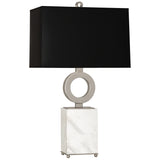 Robert Abbey Oculus Table Lamp Antique Silver Finish w/ White Marble Base Black Painted Opaque Parchment Shade With White Lining