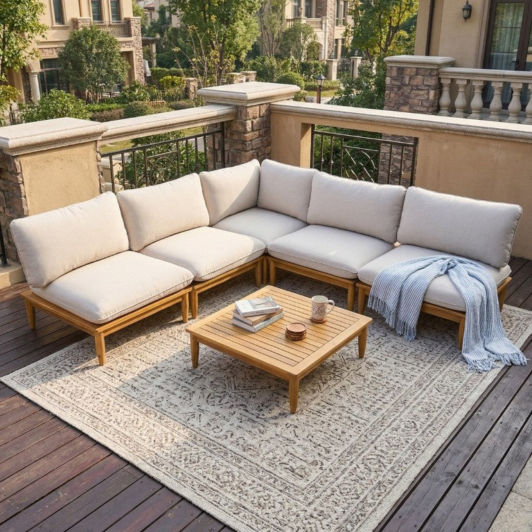 English Elm Sacova Solid Acacia Patio Sectional Set Teak Grain Finish with Beige Poly Cushions SACOVA6PCSSET