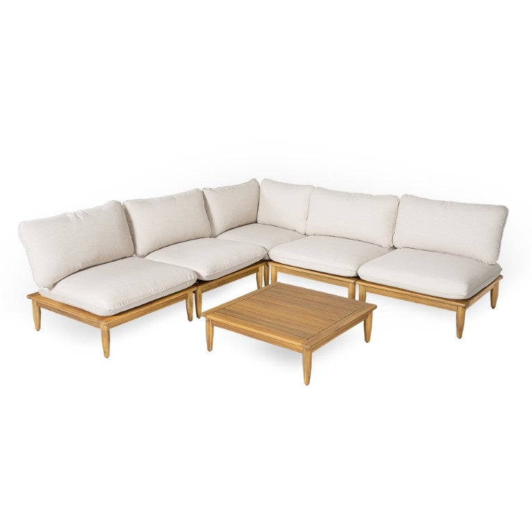English Elm Sacova Solid Acacia Patio Sectional Set Teak Grain Finish with Beige Poly Cushions SACOVA6PCSSET