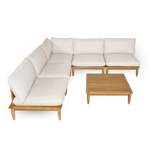English Elm Sacova Solid Acacia Patio Sectional Set Teak Grain Finish with Beige Poly Cushions SACOVA6PCSSET