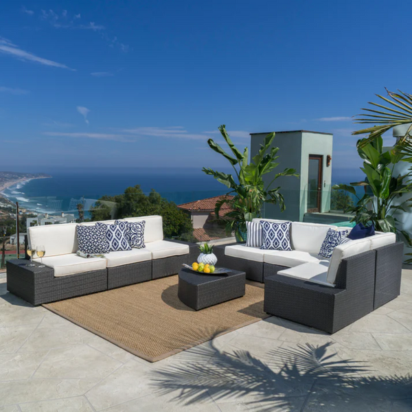 English Elm Santa Cruz Outdoor Wicker Sectional Resort Style Patio Lounge Set for 8 Pieces SANTACRUZGRY8PCS