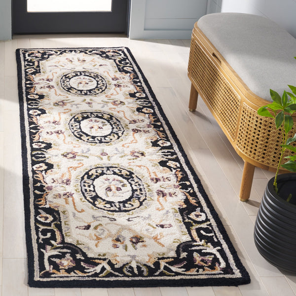 Safavieh Savonnerie Handcrafted Floral Area Rug - Luxurious Elegance For Your Home Décor, Made In India Ivory ,Black 85% Wool,15% Cotton Sav301z-8