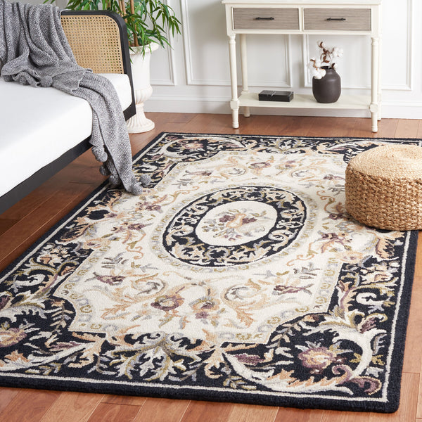 Safavieh Savonnerie Handcrafted Floral Area Rug - Luxurious Elegance For Your Home Décor, Made In India Ivory ,Black 85% Wool,15% Cotton Sav301z-8