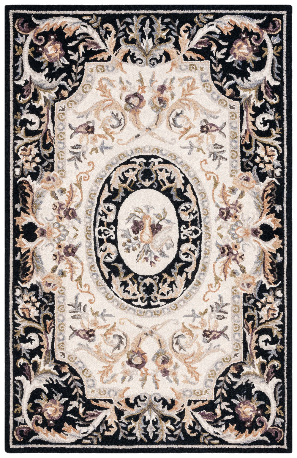 Safavieh Savonnerie Handcrafted Floral Area Rug - Luxurious Elegance For Your Home Décor, Made In India Ivory ,Black 85% Wool,15% Cotton Sav301z-8