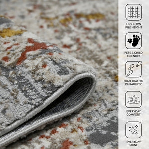 Savannah Abstract Ivory Gray Area Rug Power Loomed High Low Pile for Modern Rooms