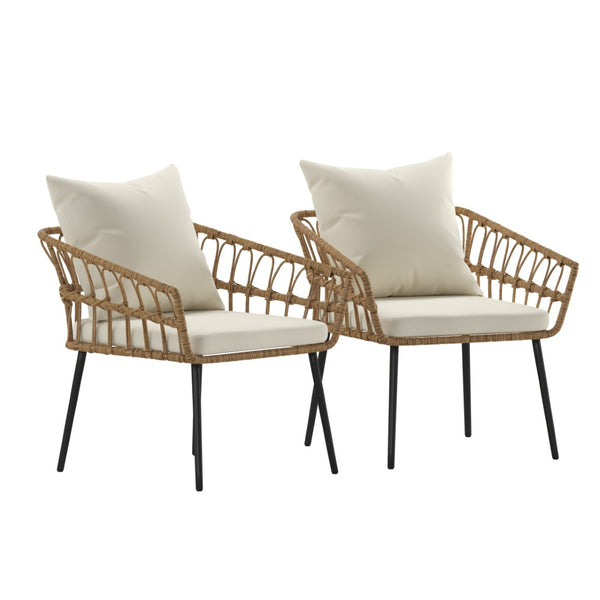 English Elm Evin Set of 2 Boho-Inspired Indoor/Outdoor Patio Chairs with Durable All-Weather Cushions Cream Cushions/Natural Frame SB-1960-CH-CREAM-GG