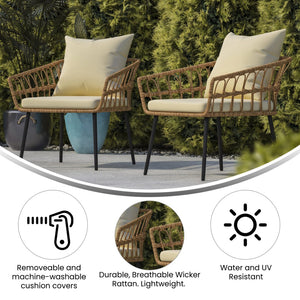 English Elm Evin Set of 2 Boho-Inspired Indoor/Outdoor Patio Chairs with Durable All-Weather Cushions Cream Cushions/Natural Frame SB-1960-CH-CREAM-GG
