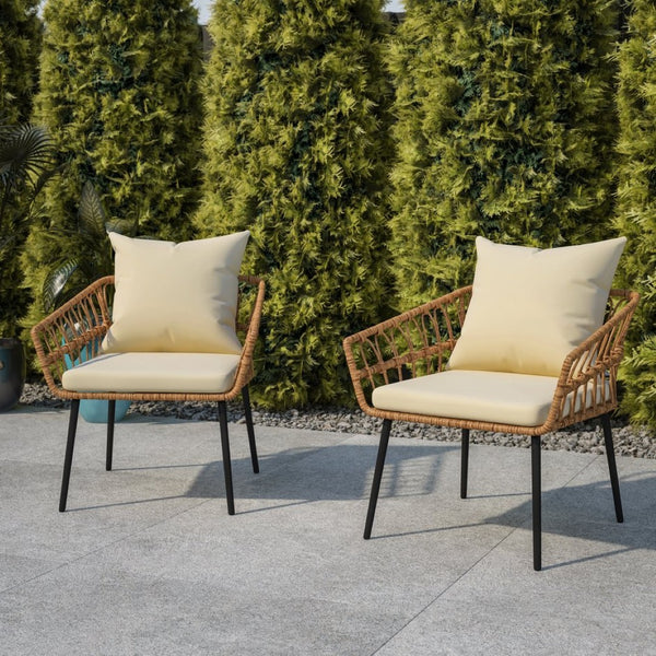 English Elm Evin Set of 2 Boho-Inspired Indoor/Outdoor Patio Chairs with Durable All-Weather Cushions Cream Cushions/Natural Frame SB-1960-CH-CREAM-GG
