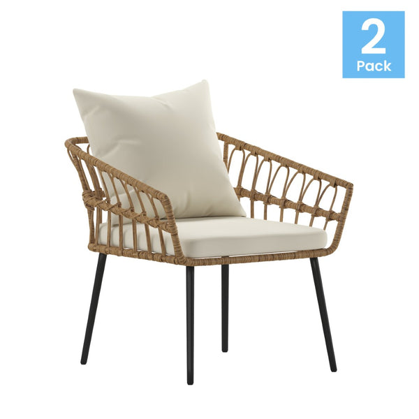 English Elm Evin Set of 2 Boho-Inspired Indoor/Outdoor Patio Chairs with Durable All-Weather Cushions Cream Cushions/Natural Frame SB-1960-CH-CREAM-GG