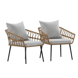 English Elm Evin Set of 2 Boho-Inspired Indoor/Outdoor Patio Chairs with Durable All-Weather Cushions Gray Cushions/Natural Frame SB-1960-CH-GY-GG