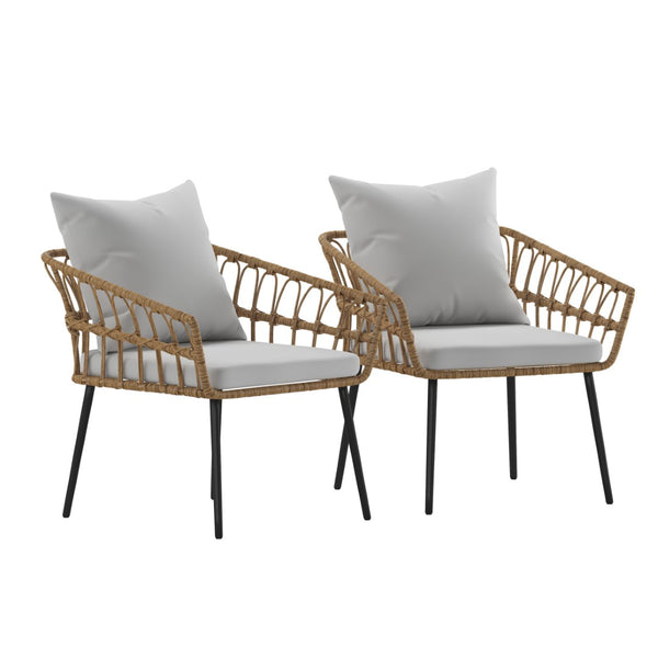 English Elm Evin Set of 2 Boho-Inspired Indoor/Outdoor Patio Chairs with Durable All-Weather Cushions Gray Cushions/Natural Frame SB-1960-CH-GY-GG