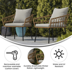 English Elm Evin Set of 2 Boho-Inspired Indoor/Outdoor Patio Chairs with Durable All-Weather Cushions Gray Cushions/Natural Frame SB-1960-CH-GY-GG