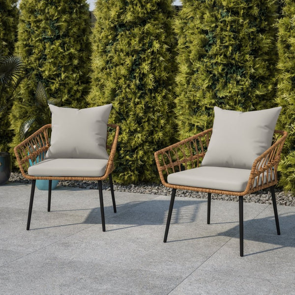 English Elm Evin Set of 2 Boho-Inspired Indoor/Outdoor Patio Chairs with Durable All-Weather Cushions Gray Cushions/Natural Frame SB-1960-CH-GY-GG