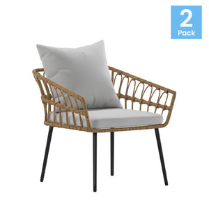 English Elm Evin Set of 2 Boho-Inspired Indoor/Outdoor Patio Chairs with Durable All-Weather Cushions Gray Cushions/Natural Frame SB-1960-CH-GY-GG
