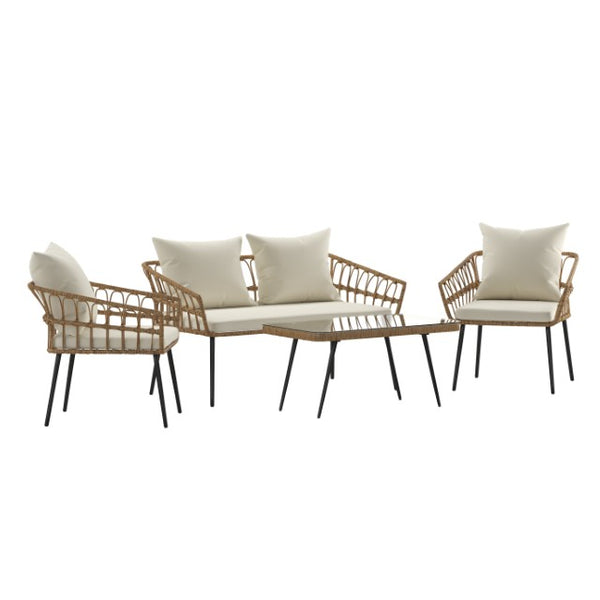 English Elm Evin Boho 4-Piece Indoor/Outdoor Rattan Conversation Set with Glass-Top Table for Stylish Relaxation Cream Cushions/Natural Frame SB-1960-CREAM-GG
