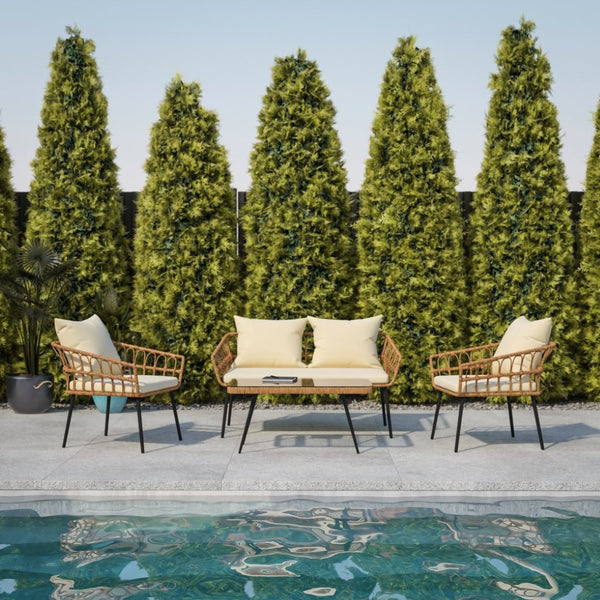 English Elm Evin Boho 4-Piece Indoor/Outdoor Rattan Conversation Set with Glass-Top Table for Stylish Relaxation Cream Cushions/Natural Frame SB-1960-CREAM-GG