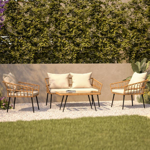 English Elm Evin Boho 4-Piece Indoor/Outdoor Rattan Conversation Set with Glass-Top Table for Stylish Relaxation Cream Cushions/Natural Frame SB-1960-CREAM-GG