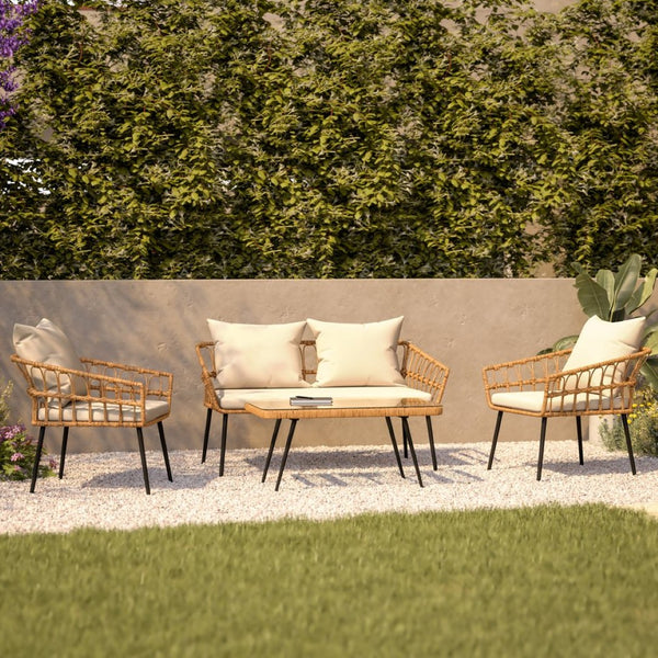 English Elm Evin Boho 4-Piece Indoor/Outdoor Rattan Conversation Set with Glass-Top Table for Stylish Relaxation Cream Cushions/Natural Frame SB-1960-CREAM-GG