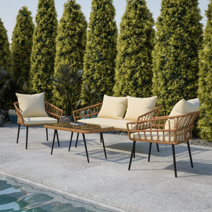 English Elm Evin Boho 4-Piece Indoor/Outdoor Rattan Conversation Set with Glass-Top Table for Stylish Relaxation Cream Cushions/Natural Frame SB-1960-CREAM-GG