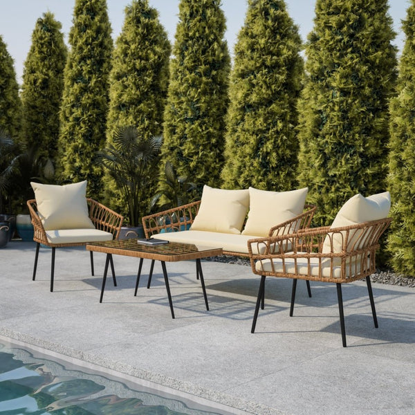 English Elm Evin Boho 4-Piece Indoor/Outdoor Rattan Conversation Set with Glass-Top Table for Stylish Relaxation Cream Cushions/Natural Frame SB-1960-CREAM-GG