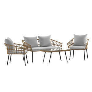 English Elm Evin Boho 4-Piece Indoor/Outdoor Rattan Conversation Set with Glass-Top Table for Stylish Relaxation Gray Cushions/Natural Frame SB-1960-GY-GG