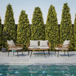 English Elm Evin Boho 4-Piece Indoor/Outdoor Rattan Conversation Set with Glass-Top Table for Stylish Relaxation Gray Cushions/Natural Frame SB-1960-GY-GG