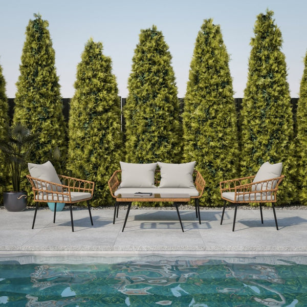 English Elm Evin Boho 4-Piece Indoor/Outdoor Rattan Conversation Set with Glass-Top Table for Stylish Relaxation Gray Cushions/Natural Frame SB-1960-GY-GG