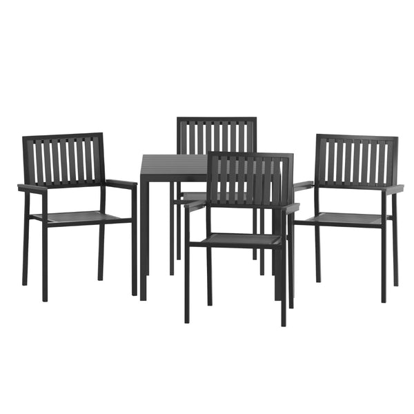 English Elm Harris 5-Piece Commercial-Grade Indoor/Outdoor Dining Set with Stackable Chairs & Rust-Resistant Table SB-A268C4-T-BK-GG