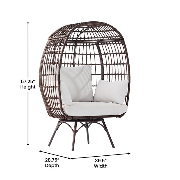 English Elm Zola Oversized Wicker Egg Swivel Lounge Chair with Cushions for Stylish Comfort in Any Space Cream Cushions/Brown Frame SB-C-335-BR-CR-GG