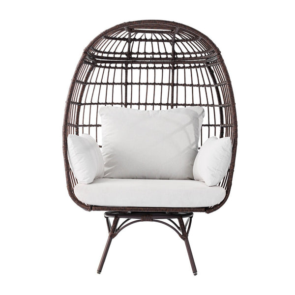 English Elm Zola Oversized Wicker Egg Swivel Lounge Chair with Cushions for Stylish Comfort in Any Space Cream Cushions/Brown Frame SB-C-335-BR-CR-GG