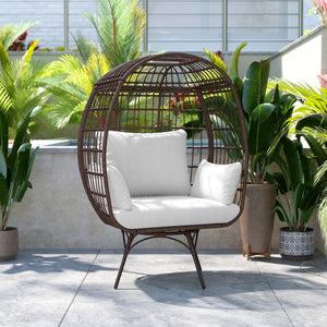 English Elm Zola Oversized Wicker Egg Swivel Lounge Chair with Cushions for Stylish Comfort in Any Space Cream Cushions/Brown Frame SB-C-335-BR-CR-GG