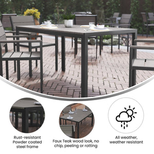 English Elm Finch Commercial-Grade Outdoor Dining Table with Faux Teak Slats and Metal Frame for All-Weather Use Gray Top/Gray Frame 55" x 31.5" SB-TB269-GRY-GG