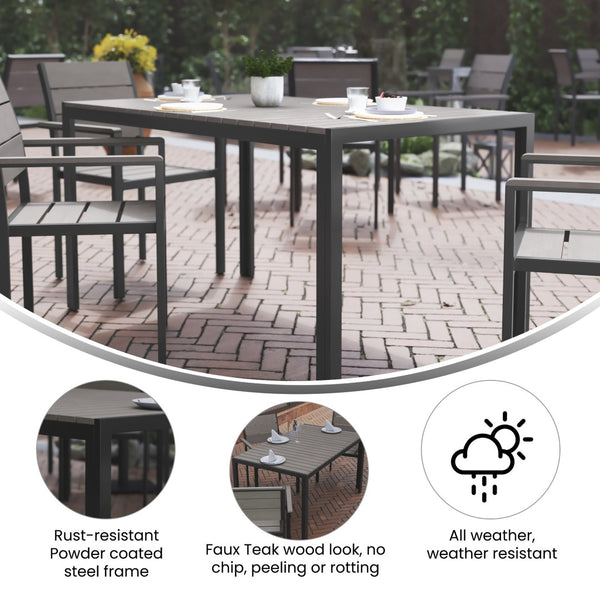 English Elm Finch Commercial-Grade Outdoor Dining Table with Faux Teak Slats and Metal Frame for All-Weather Use Gray Top/Gray Frame 55" x 31.5" SB-TB269-GRY-GG