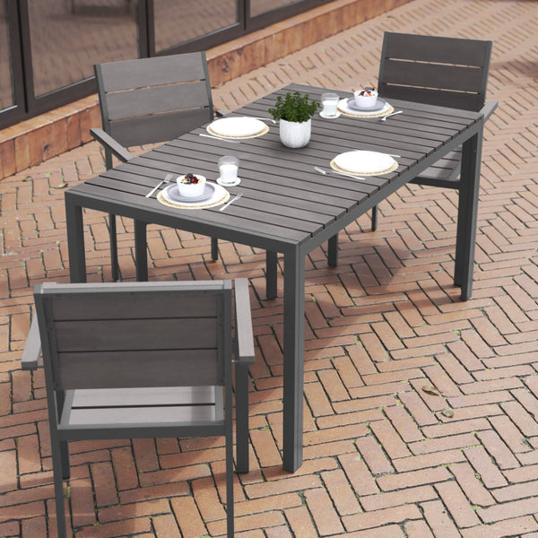 English Elm Finch Commercial-Grade Outdoor Dining Table with Faux Teak Slats and Metal Frame for All-Weather Use Gray Top/Gray Frame 55" x 31.5" SB-TB269-GRY-GG